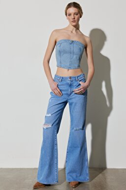 Slim Fit Dar Kesim %100 Pamuk Kolsuz Crop Jean Kot Bluz - Light Blue-W231660404 (görsel 5)
