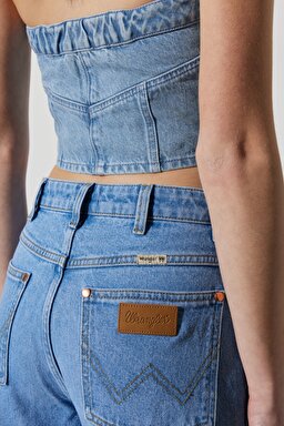 Slim Fit Dar Kesim %100 Pamuk Kolsuz Crop Jean Kot Bluz - Light Blue-W231660404 (görsel 6)