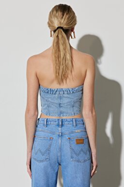 Slim Fit Dar Kesim %100 Pamuk Kolsuz Crop Jean Kot Bluz - Light Blue-W231660404 (görsel 7)