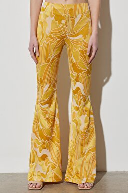 Flare Fit Yüksek Bel İspanyol Paça Desenli Sarı Esnek Pantolon - Yellow-W231665200