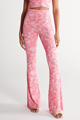 Flare Fit Yüksek Bel İspanyol Paça Pembe Desenli Pantolon - Pink-W231666611