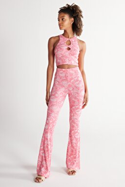 Flare Fit Yüksek Bel İspanyol Paça Pembe Desenli Pantolon - Pink-W231666611 (görsel 2)