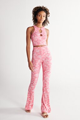 Flare Fit Yüksek Bel İspanyol Paça Pembe Desenli Pantolon - Pink-W231666611 (görsel 3)