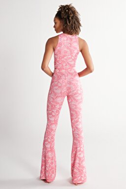 Flare Fit Yüksek Bel İspanyol Paça Pembe Desenli Pantolon - Pink-W231666611 (görsel 6)