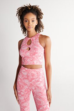 Regular Fit Normal Kesim Bisiklet Yaka Askılı Pembe Crop Bluz - Pink-W231667611 (görsel 2)