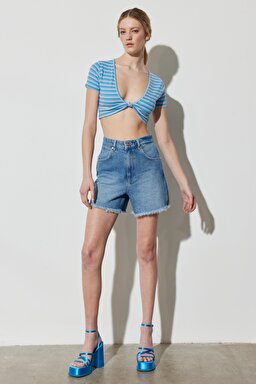 Regular Fit Normal Kesim V Yaka Çizgili Crop Bluz - Blue-W231671400 (görsel 6)