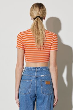 Regular Fit Normal Kesim V Yaka Çizgili Crop Bluz - Orange-W231671700 (görsel 8)