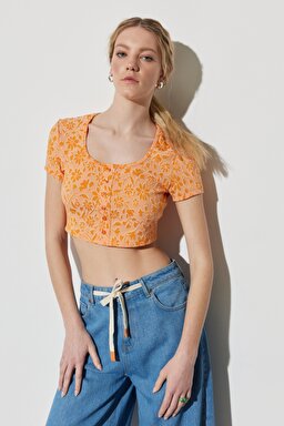 Regular Fit Normal Kesim Bisiklet Yaka Turuncu Crop Bluz - Orange-W231674700 (görsel 2)