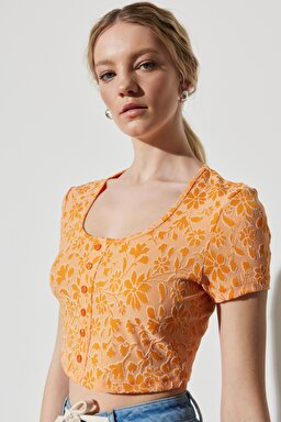 Regular Fit Normal Kesim Bisiklet Yaka Turuncu Crop Bluz - Orange-W231674700 (görsel 4)