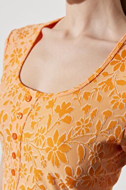 Regular Fit Normal Kesim Bisiklet Yaka Turuncu Crop Bluz - Orange-W231674700 (görsel 5)