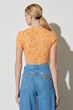 Regular Fit Normal Kesim Bisiklet Yaka Turuncu Crop Bluz - Orange-W231674700 (görsel 7)