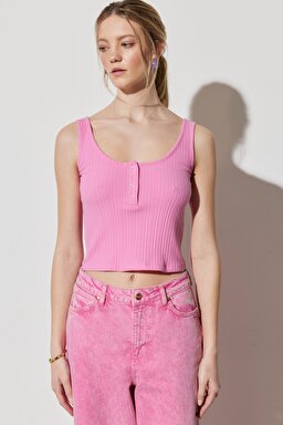 Regular Fit %100 Pamuk Bisiklet Yaka Kolsuz Pembe Crop Bluz - Pink-W231675611 (görsel 3)