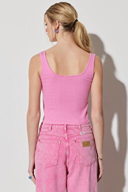 Regular Fit %100 Pamuk Bisiklet Yaka Kolsuz Pembe Crop Bluz - Pink-W231675611 (görsel 7)