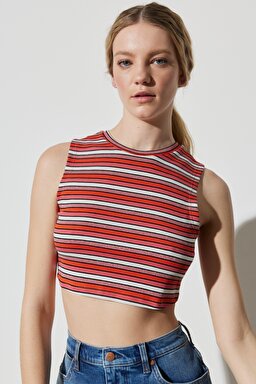 Regular Fit Normal Kesim Bisiklet Yaka Kolsuz Çizgili Crop Bluz - Multi-W231676900