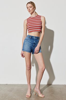 Regular Fit Normal Kesim Bisiklet Yaka Kolsuz Çizgili Crop Bluz - Multi-W231676900 (görsel 5)