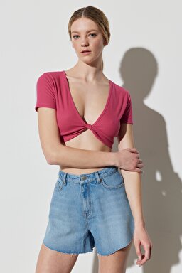 Regular Fit Normal Kesim V Yaka Pembe Crop Bluz - Pink-W231681611 (görsel 4)