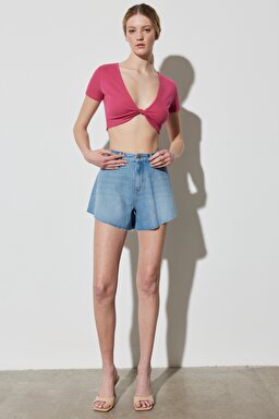 Regular Fit Normal Kesim V Yaka Pembe Crop Bluz - Pink-W231681611 (görsel 7)