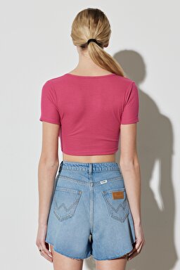 Regular Fit Normal Kesim V Yaka Pembe Crop Bluz - Pink-W231681611 (görsel 8)