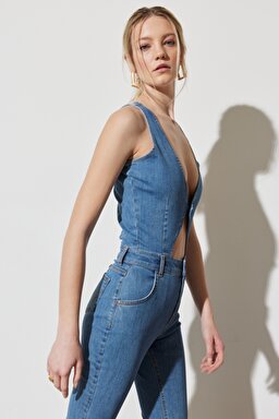 Regular Fit Normal Kesim Normal Bel Geniş Paça Kolsuz Açık Mavi Esnek Jean Tulum - Light Blue-W231682404 (görsel 4)