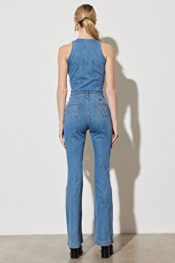 Regular Fit Normal Kesim Normal Bel Geniş Paça Kolsuz Açık Mavi Esnek Jean Tulum - Light Blue-W231682404 (görsel 8)