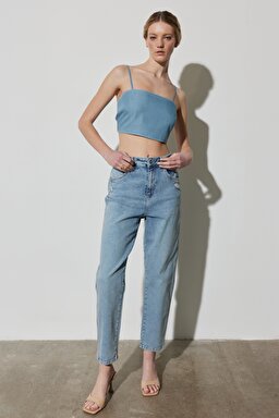 Regular Fit Normal Kesim Askılı Açık Mavi Jean Crop Bluz - Light Blue-W231685404 (görsel 6)
