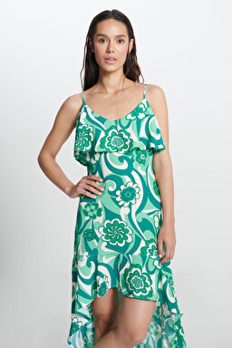Regular Fit Normal Kesim Askılı Desenli Fırfırlı Elbise - Green-W231747300 (görsel 3)