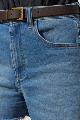 Regular Fit Normal Kesim Yüksek Bel Desenli Esnek Jean Kot Şort - Mid Blue-W231786XT (görsel 5)