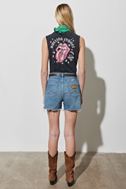 Regular Fit Normal Kesim Yüksek Bel Desenli Esnek Jean Kot Şort - Mid Blue-W231786XT (görsel 8)
