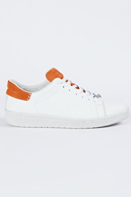 %100 Deri Beyaz Turuncu Sneaker Ayakkabı - White&Orange-W231K401W12