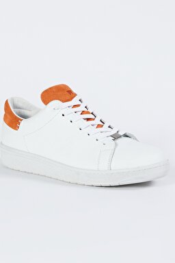 %100 Deri Beyaz Turuncu Sneaker Ayakkabı - White&Orange-W231K401W12 (görsel 2)
