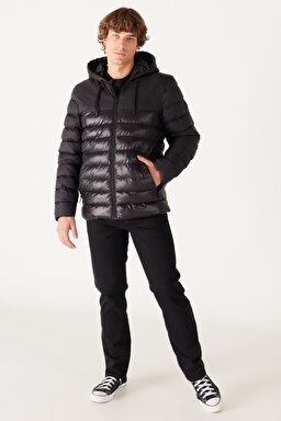 Regular Fit Normal Kesim Kapüşonlu Siyah Şişme Mont - Black-W232008001 (görsel 4)