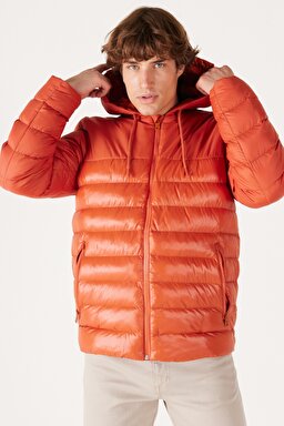 Regular Fit Normal Kesim Kapüşonlu Turuncu Şişme Mont - Orange-W232008700