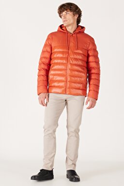 Regular Fit Normal Kesim Kapüşonlu Turuncu Şişme Mont - Orange-W232008700 (görsel 4)