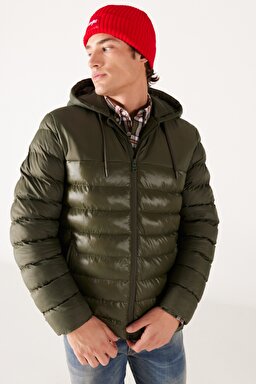 Regular Fit Normal Kesim Kapüşonlu Kapitone Haki Şişme Mont - Khaki-W232008801