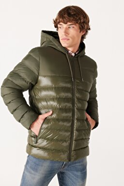 Regular Fit Normal Kesim Kapüşonlu Kapitone Haki Şişme Mont - Khaki-W232008801 (görsel 4)