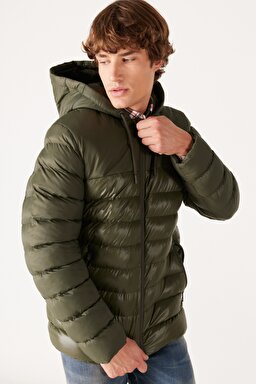 Regular Fit Normal Kesim Kapüşonlu Kapitone Haki Şişme Mont - Khaki-W232008801 (görsel 5)