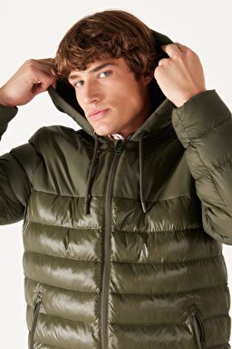 Regular Fit Normal Kesim Kapüşonlu Kapitone Haki Şişme Mont - Khaki-W232008801 (görsel 6)