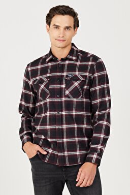 Regular Fit Normal Kesim %100 Pamuk Şardonlu Siyah Bordo Gömlek - Purple-W232078499