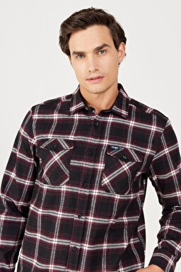 Regular Fit Normal Kesim %100 Pamuk Şardonlu Siyah Bordo Gömlek - Purple-W232078499 (görsel 3)