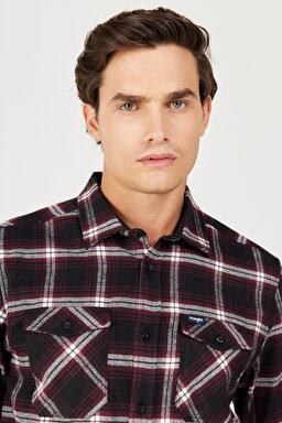 Regular Fit Normal Kesim %100 Pamuk Şardonlu Siyah Bordo Gömlek - Purple-W232078499 (görsel 4)