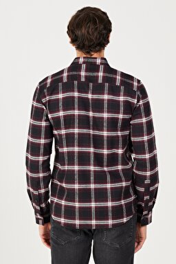 Regular Fit Normal Kesim %100 Pamuk Şardonlu Siyah Bordo Gömlek - Purple-W232078499 (görsel 6)