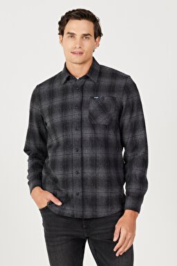 Regular Fit Normal Kesim Ekoseli Şardonlu Gri Uzun Kollu Gömlek - Gray-W232080035
