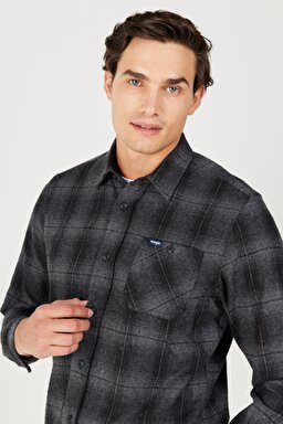 Regular Fit Normal Kesim Ekoseli Şardonlu Gri Uzun Kollu Gömlek - Gray-W232080035 (görsel 2)
