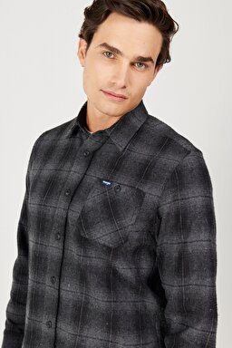 Regular Fit Normal Kesim Ekoseli Şardonlu Gri Uzun Kollu Gömlek - Gray-W232080035 (görsel 3)