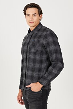 Regular Fit Normal Kesim Ekoseli Şardonlu Gri Uzun Kollu Gömlek - Gray-W232080035 (görsel 4)