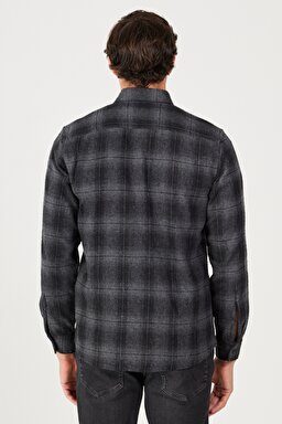 Regular Fit Normal Kesim Ekoseli Şardonlu Gri Uzun Kollu Gömlek - Gray-W232080035 (görsel 6)