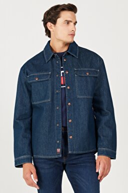 Loose Fit Rahat Kesim %100 Pamuk Koyu Mavi Uzun Kollu Jean Kot Gömlek - Rinse-W23212236