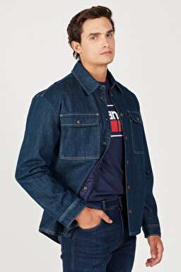 Loose Fit Rahat Kesim %100 Pamuk Koyu Mavi Uzun Kollu Jean Kot Gömlek - Rinse-W23212236 (görsel 2)