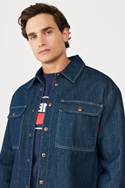 Loose Fit Rahat Kesim %100 Pamuk Koyu Mavi Uzun Kollu Jean Kot Gömlek - Rinse-W23212236 (görsel 4)