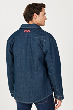Loose Fit Rahat Kesim %100 Pamuk Koyu Mavi Uzun Kollu Jean Kot Gömlek - Rinse-W23212236 (görsel 6)